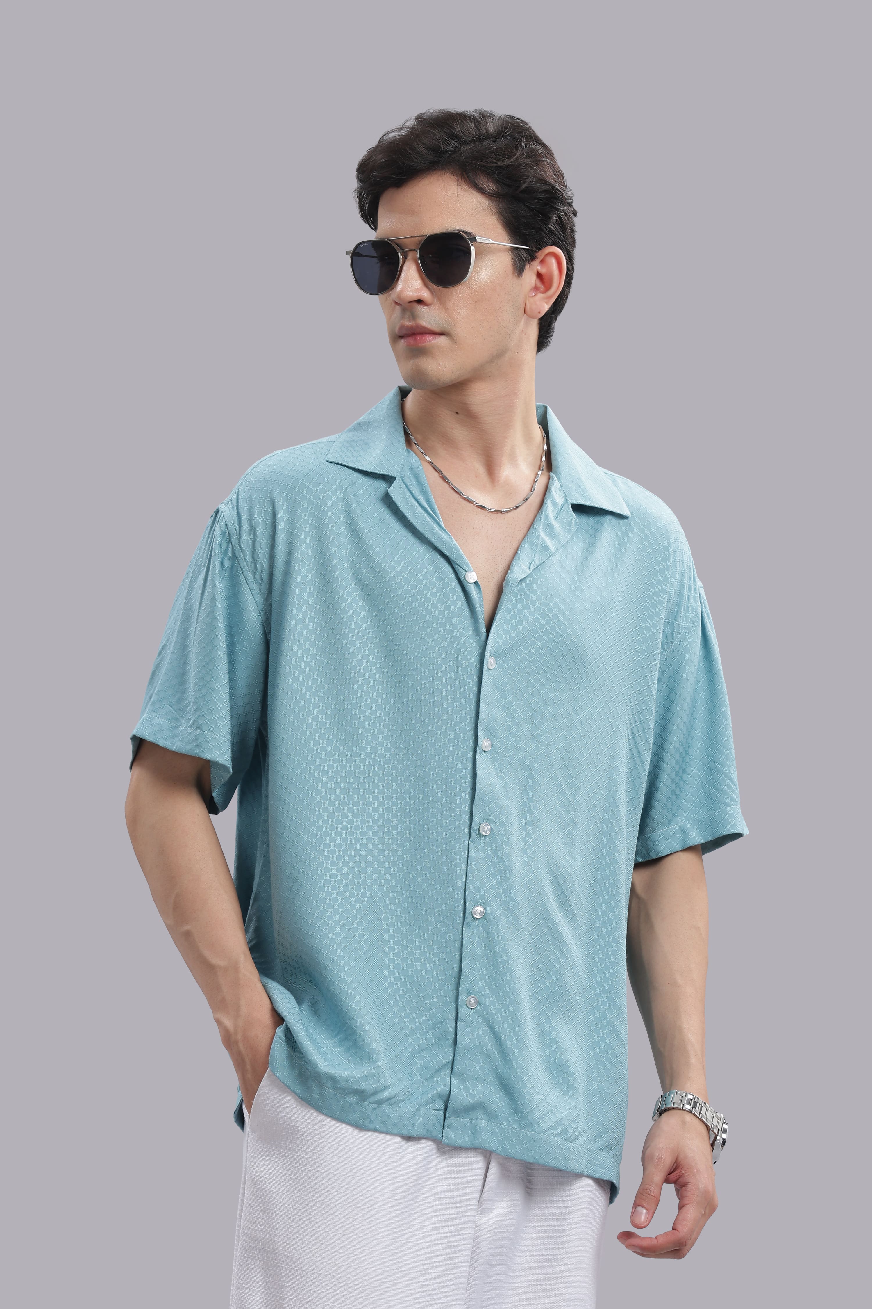 Turquoise Geometric Dobby Shirt