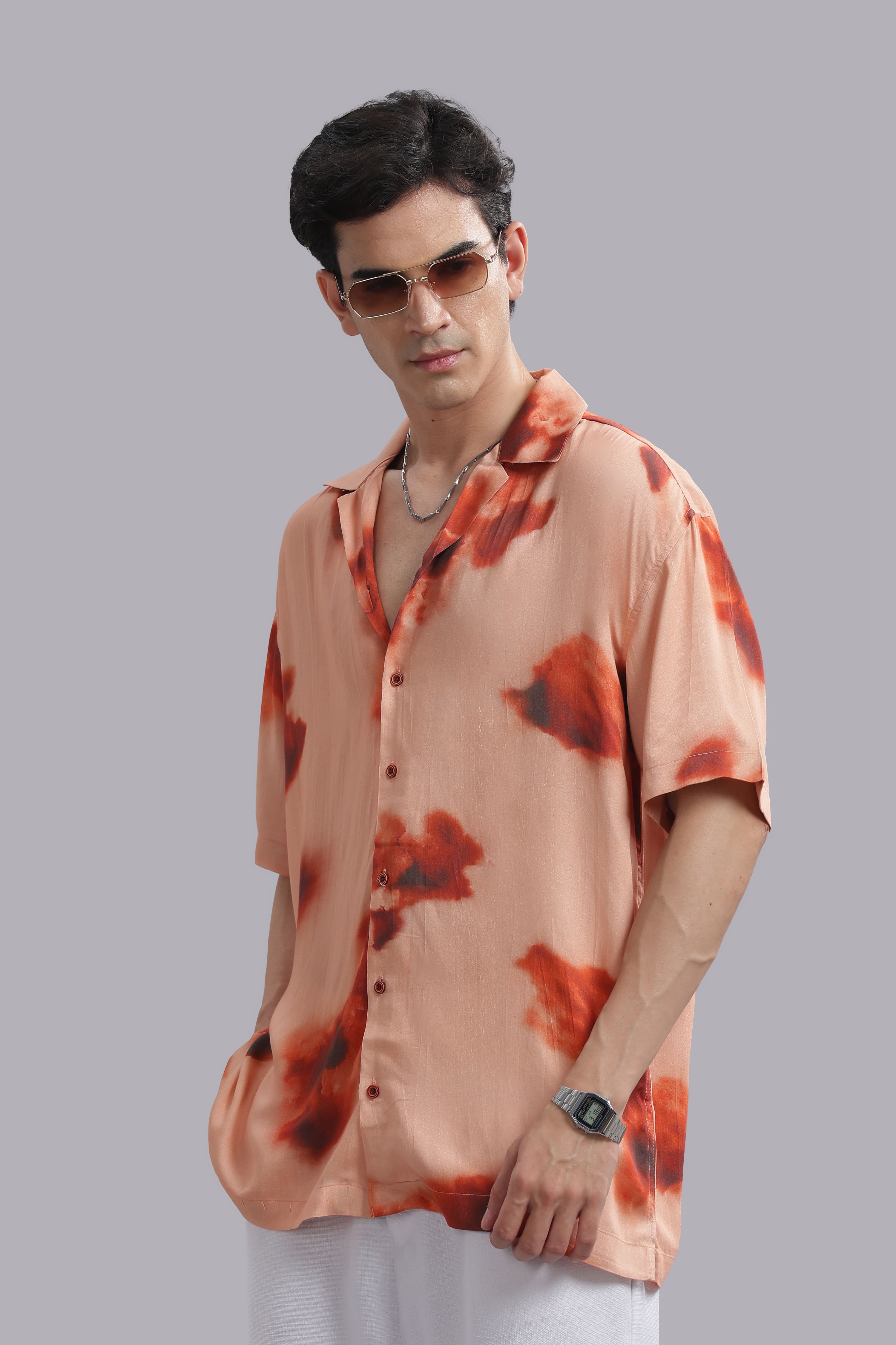 Peach Abstract Print Relaxed Resort Shirt
