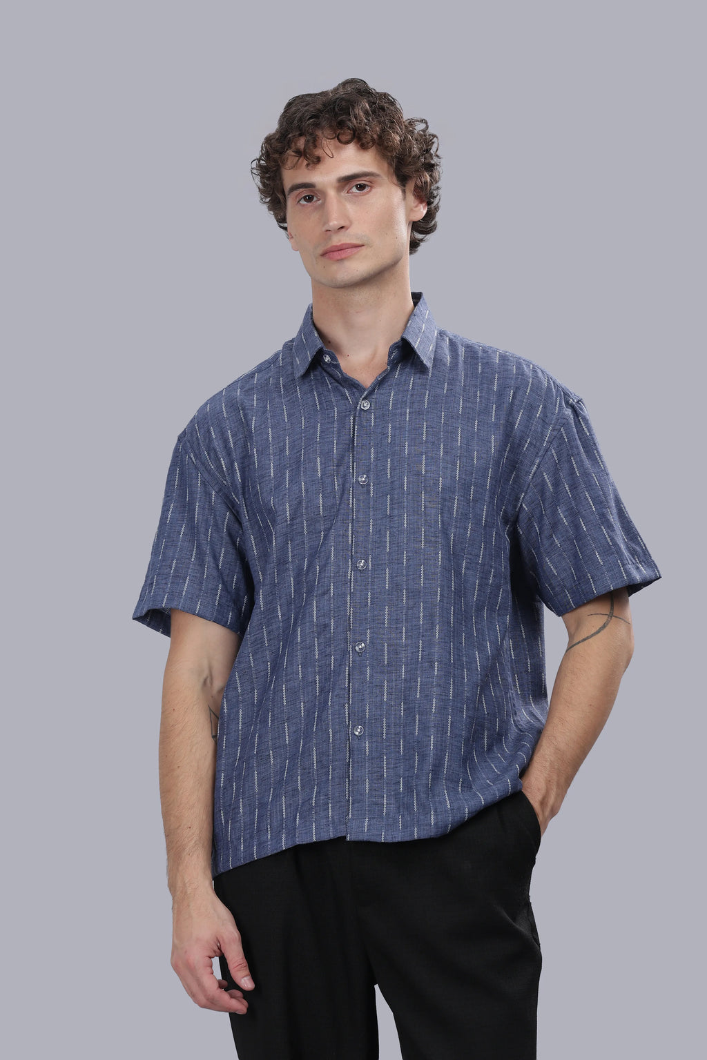 Blue Stripes Blended Cotton Jacquard Boxy Shirt