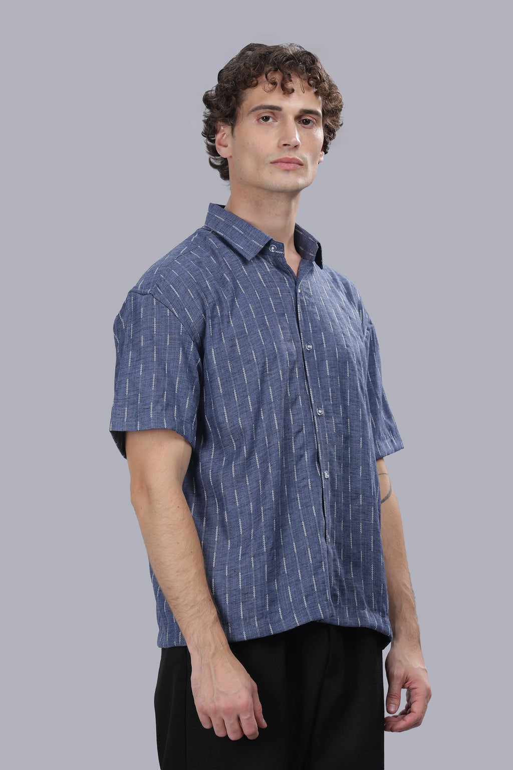 Blue Stripes Blended Cotton Jacquard Boxy Shirt