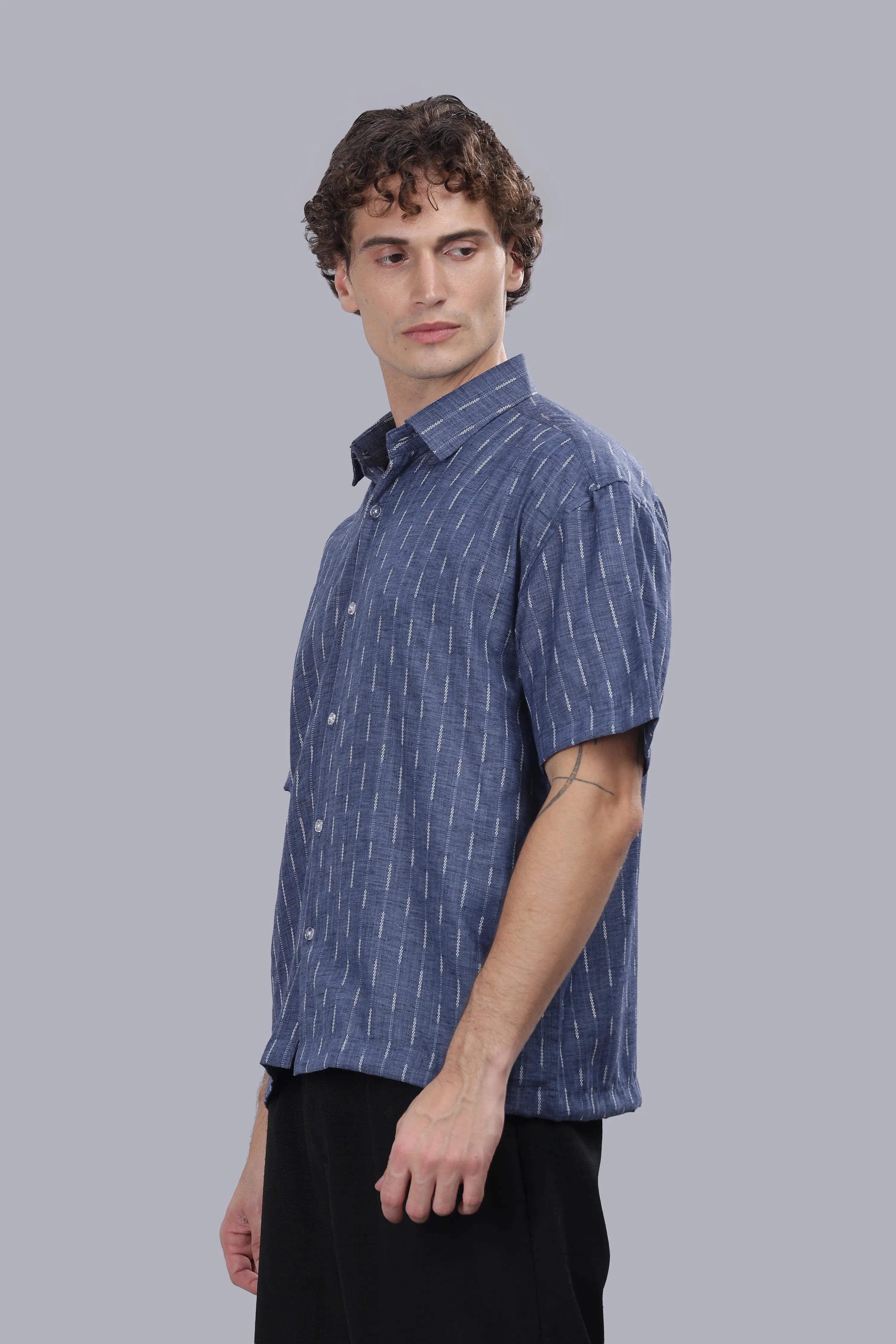 Blue Stripes Blended Cotton Jacquard Boxy Shirt