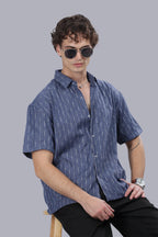 Blue Stripes Blended Cotton Jacquard Boxy Shirt