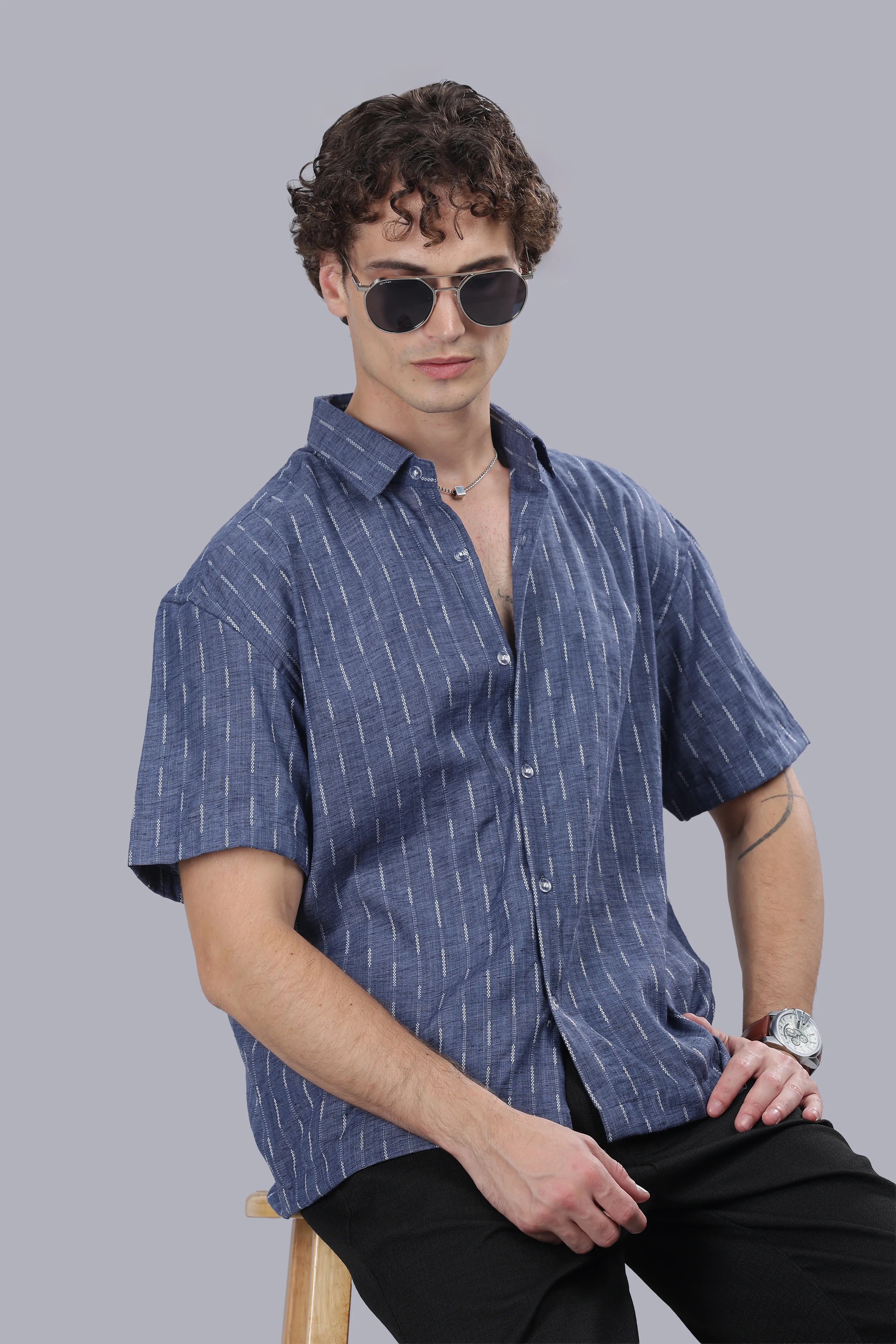Blue Stripes Blended Cotton Jacquard Boxy Shirt