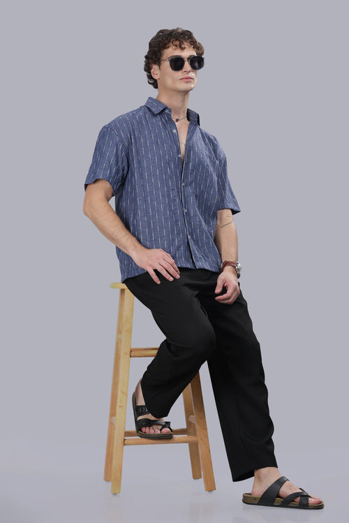 Blue Stripes Blended Cotton Jacquard Boxy Shirt