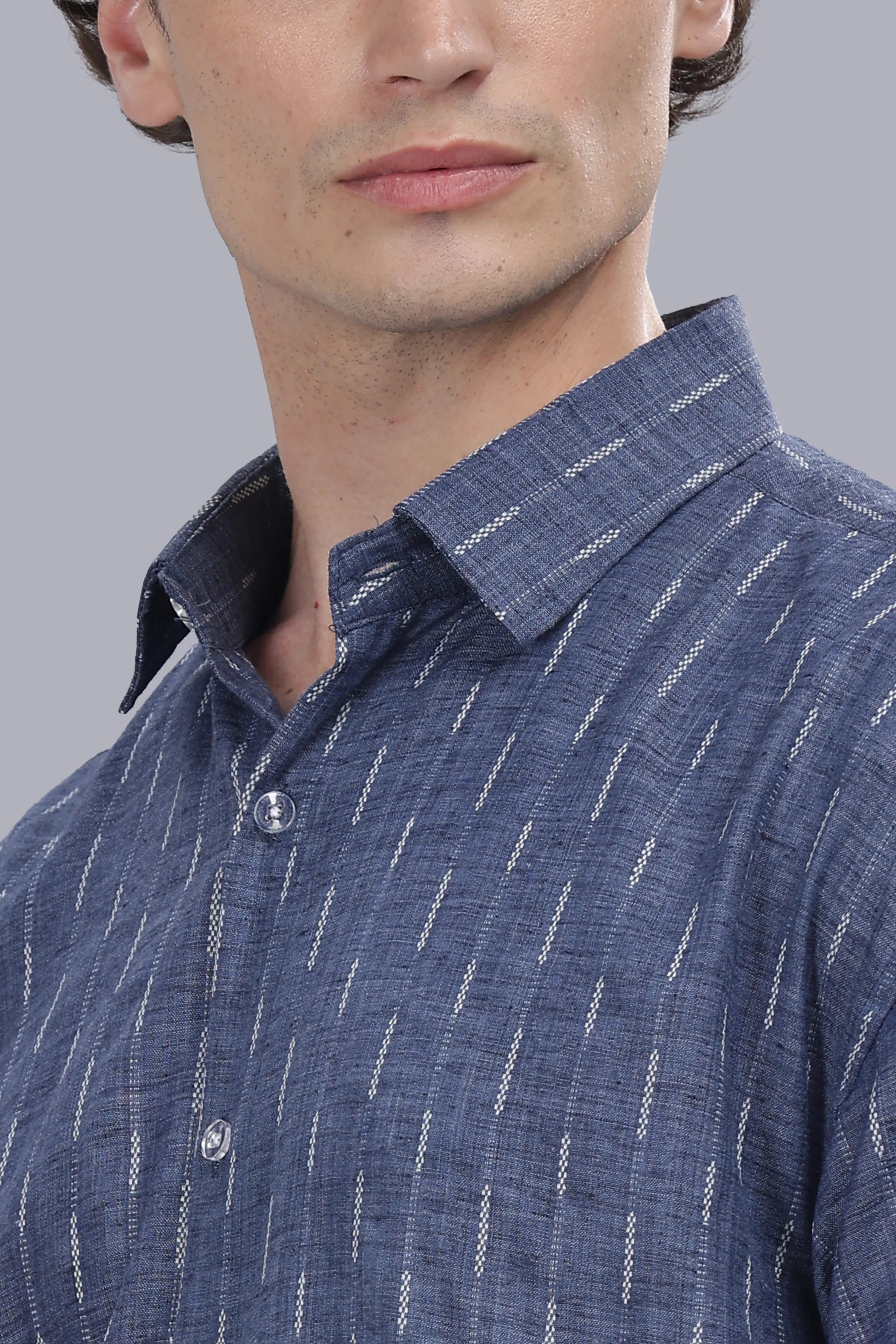 Blue Stripes Blended Cotton Jacquard Boxy Shirt