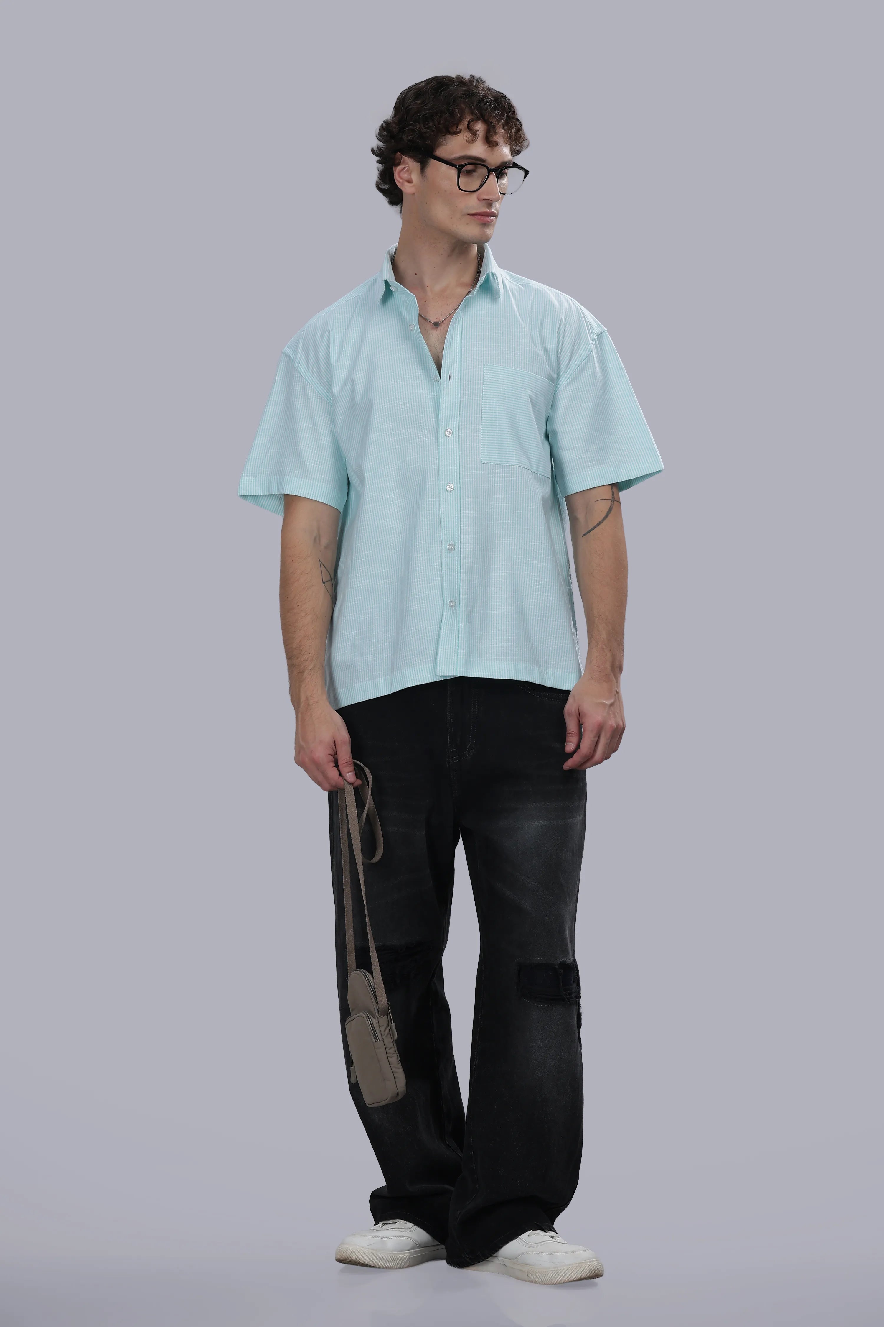 Mint Blue Stripe Boxy Shirt