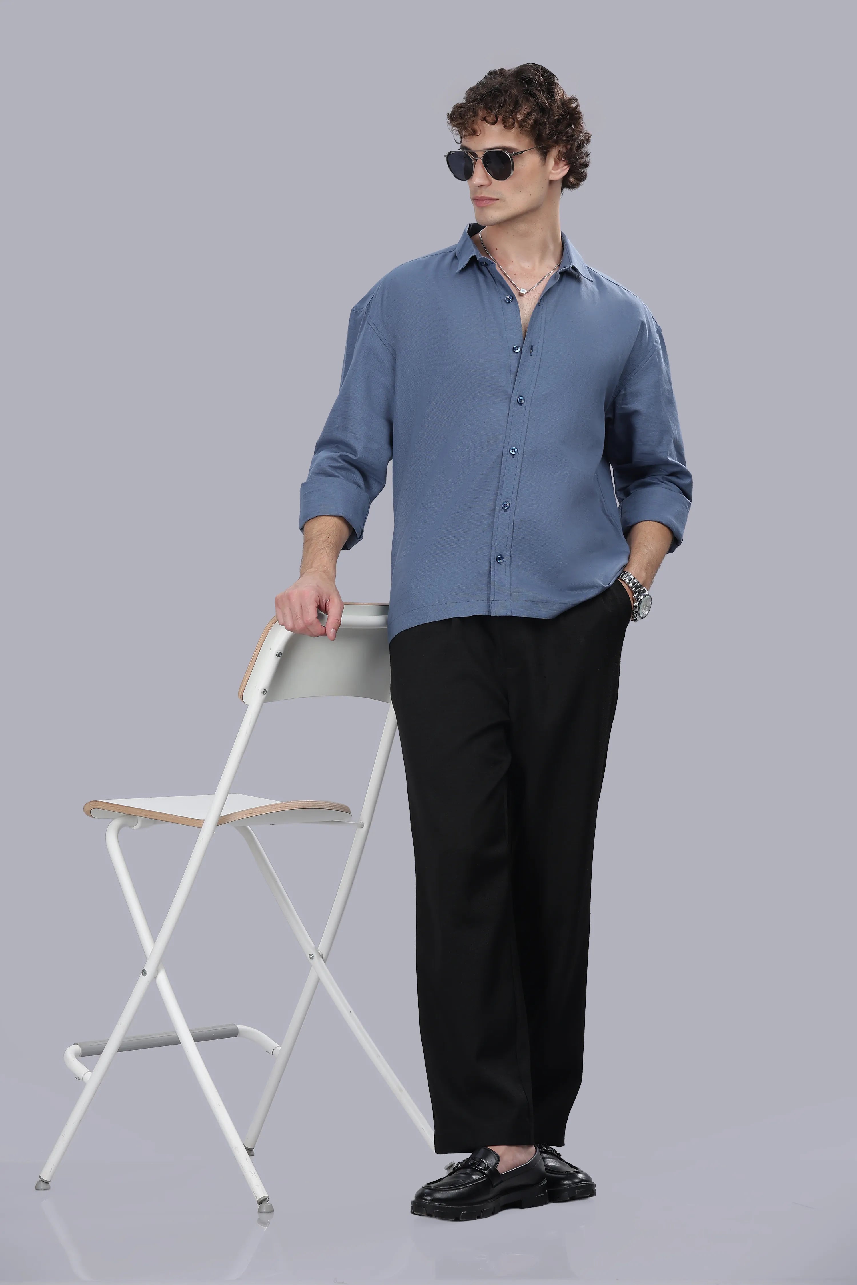 Steel Blue Linen Cotton Boxy Shirt